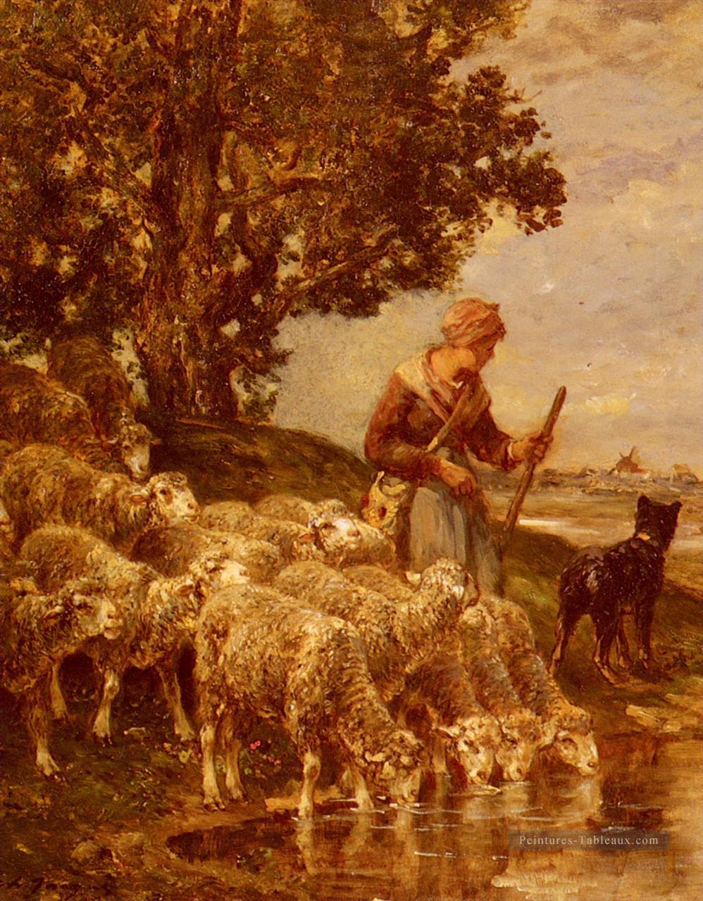 Une Shepardess arrosant son troupeau animalier Charles Émile Jacque Peintures à l'huile